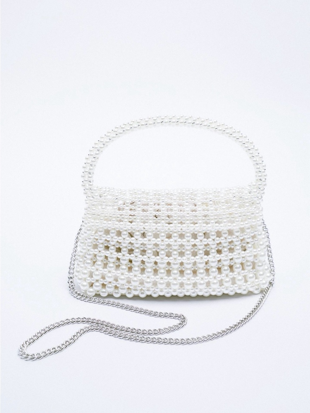 Zara Pearl Beaded Mini Top-Handle Bag in White with Chain